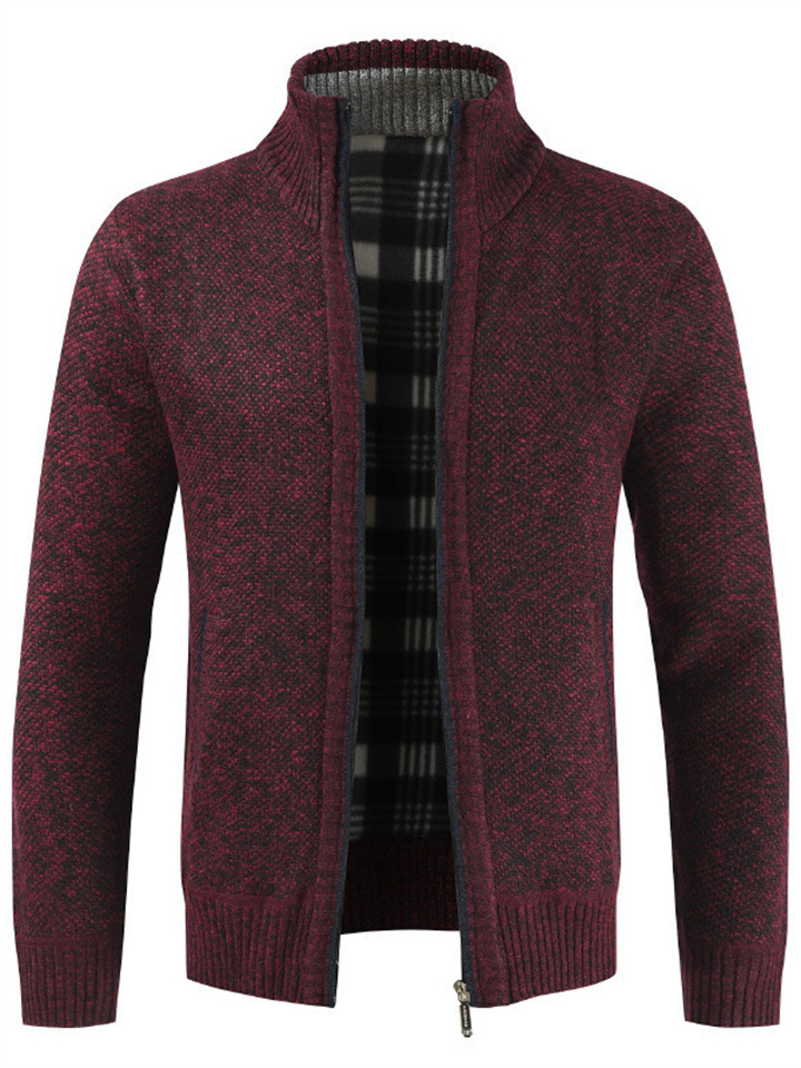 Men's Sweater Cardigan Sweater Zip Sweater Sweater Jacket Fleece Sweater Knit Solid Color Stand Collar Essential Casual Clothing Apparel Winter Black Burgundy S M L
