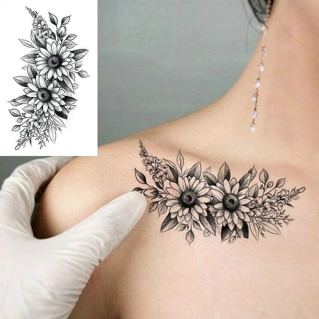 Black Little Flower Fashion Finger Temporary Tattoos For Women Adult Leaves Daisy Rose Fake Tattoo Letter Body Art Tatoos Decal