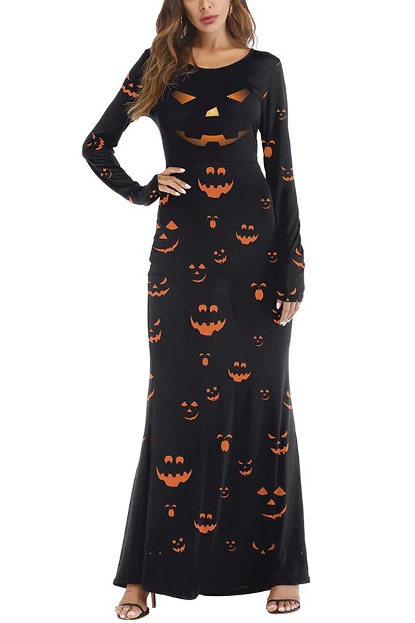 Casual Pumpkin Lantern Print Halloween Maxi Dress Black-elleschic