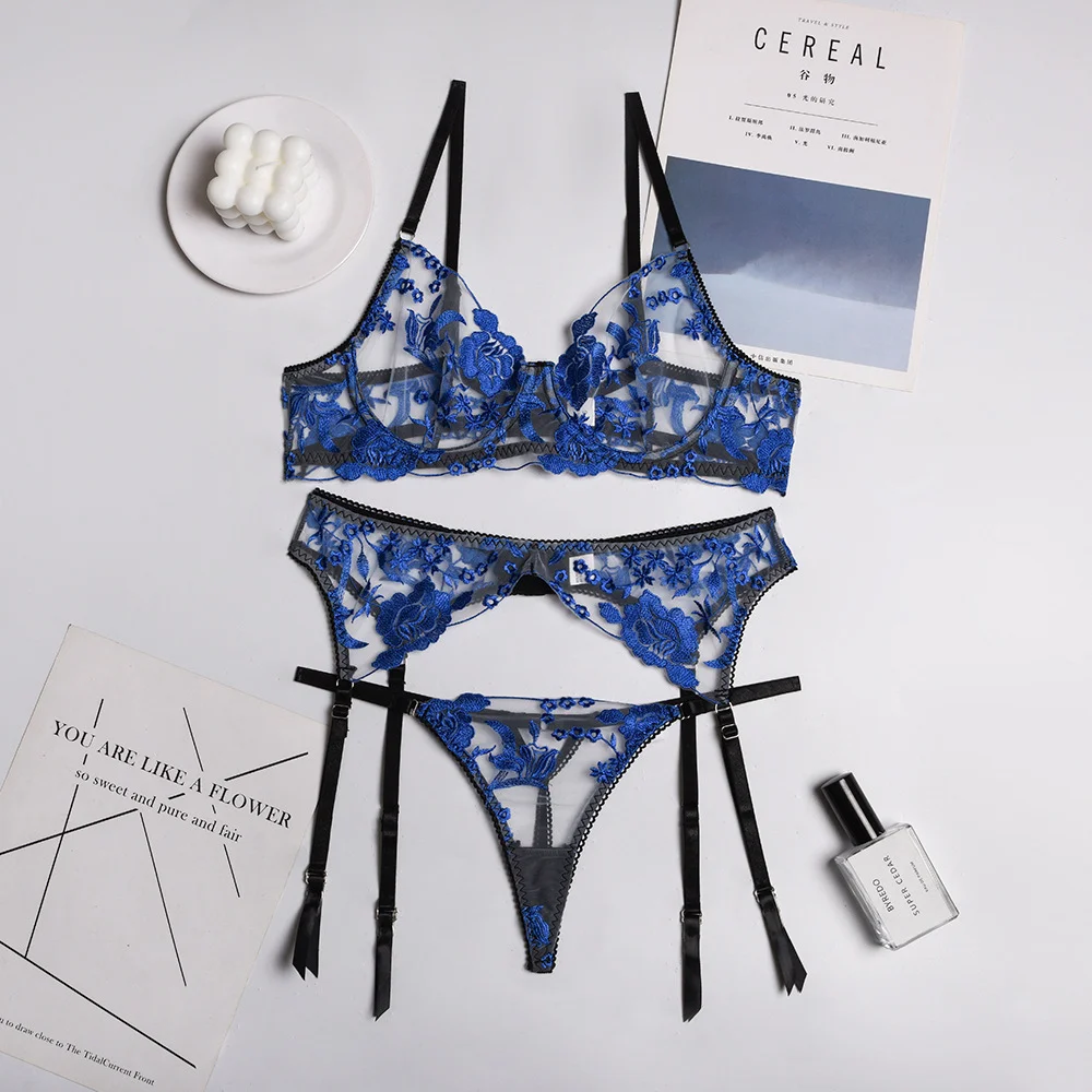 Billionm Bra and Panty Set Women Underwear Lace Lingerie 3pcs Open Cup See Through Thong Floral Embroidery Underwear Transparent Bra Set