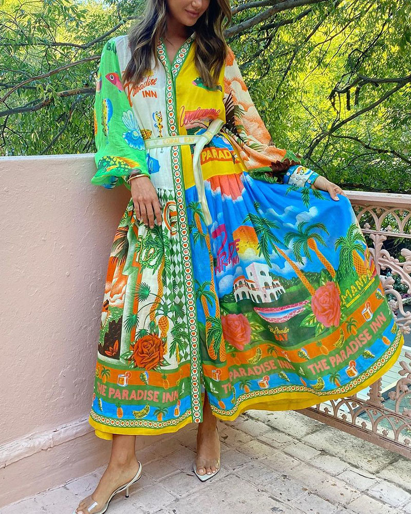 Summer vacation style printed long-sleeved dress