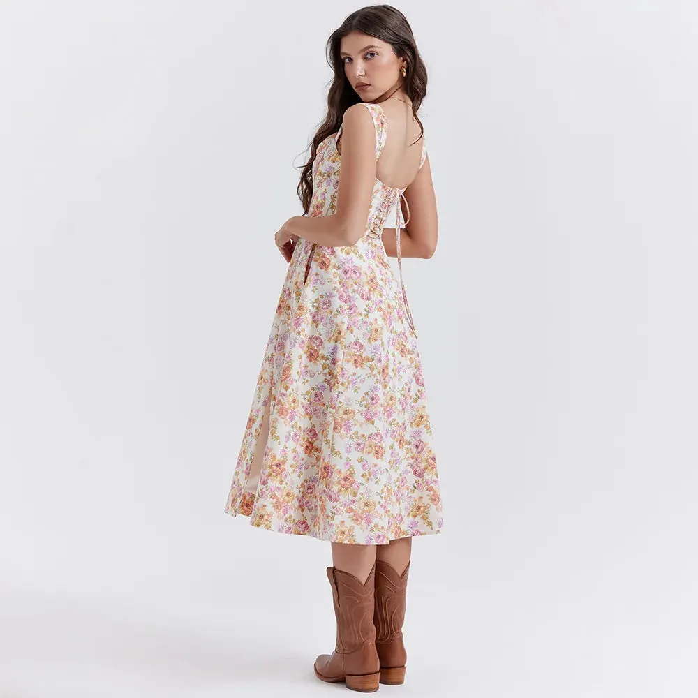 Brownm Floral Corset Midi Dress