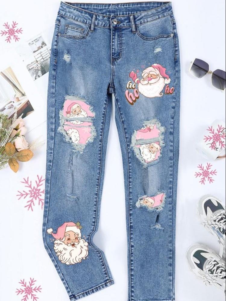 Pink Santa Claus Print Loose Straight Jeans