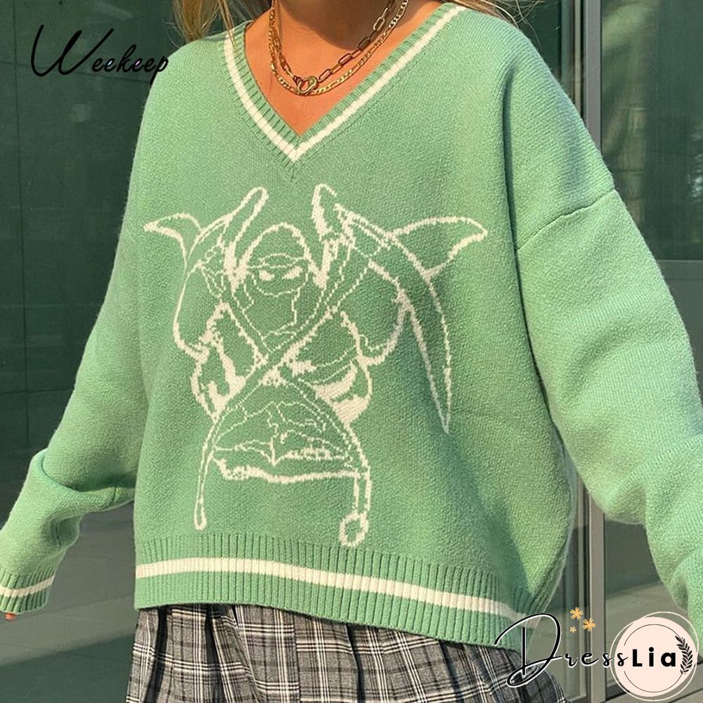 Weekeep Y2K Chic Print Streetwear Oversized Sweater Women'S Casual Autumn Winter Knitted Jumper Fashion Loose Knitwear Pullovers