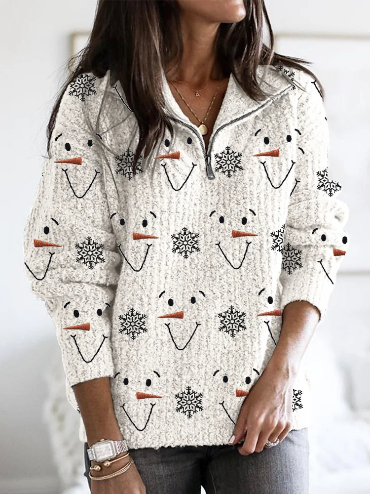 Snowman Faces & Snowflakes Embroidery Pattern Cozy Zip Up Sweater