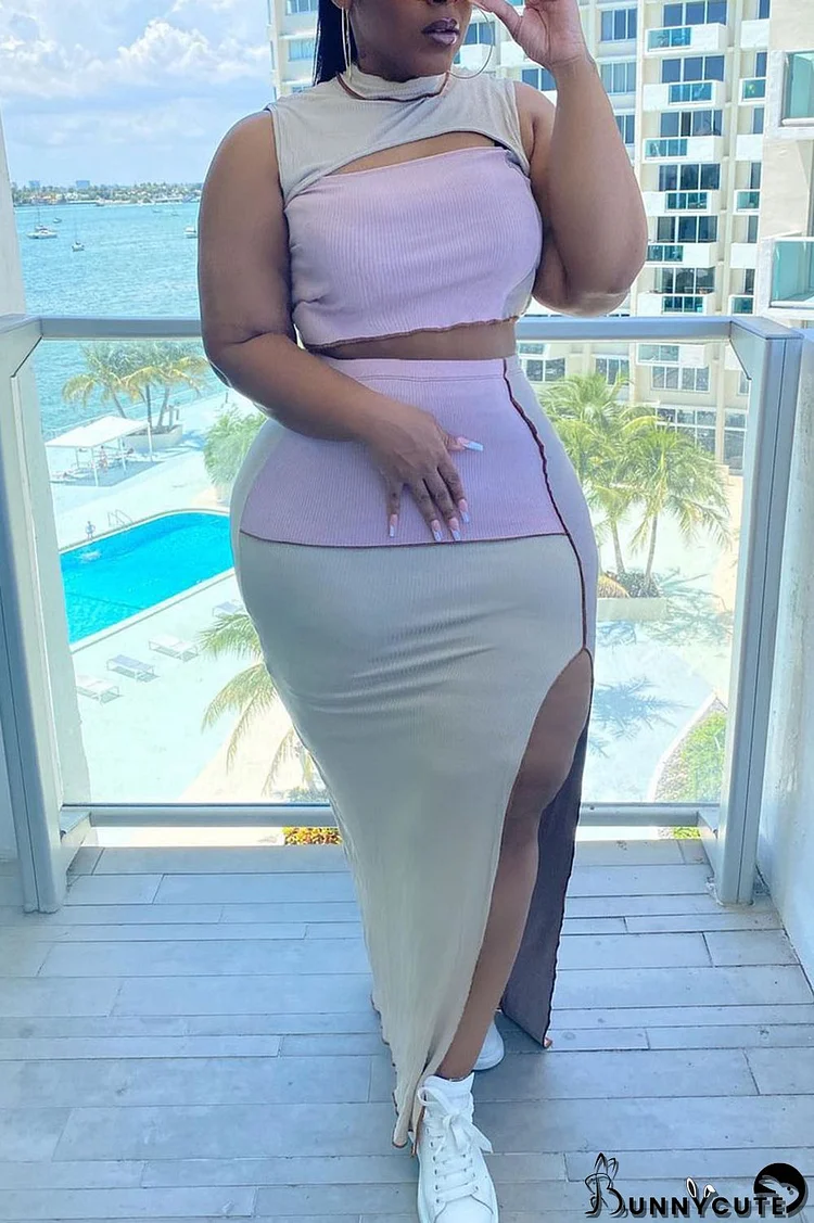 Apricot Sexy Solid Hollowed Out Split Joint Slit O Neck Plus Size Two Pieces