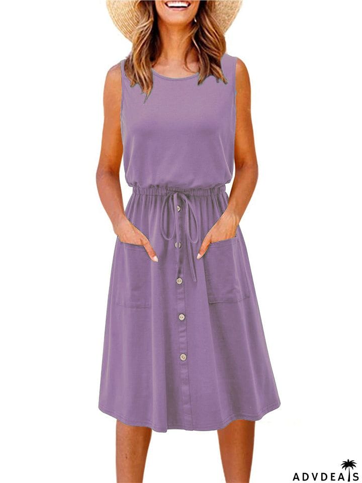 Women's Retro Crew Neck Lace Up Trendy Dress for Summer