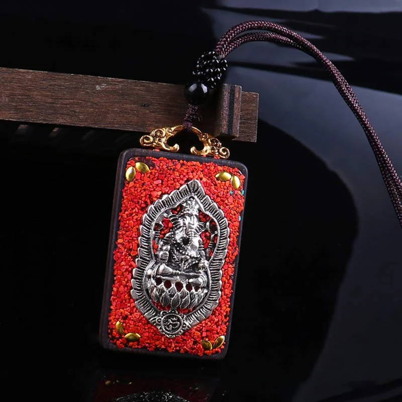 Ebony Wood Elephant Lotus Balance String Necklace Pendant