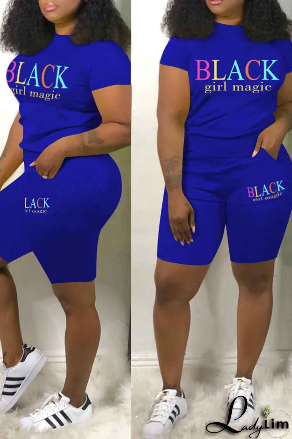 Blue Casual Print Split Joint O Neck Short Sleeve Two Pieces