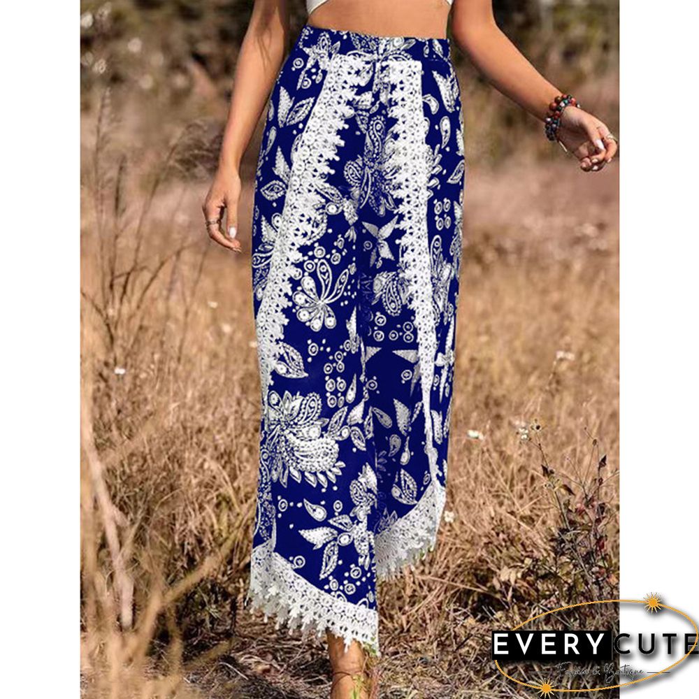 Blue Floral Print Spliced Casual Pants