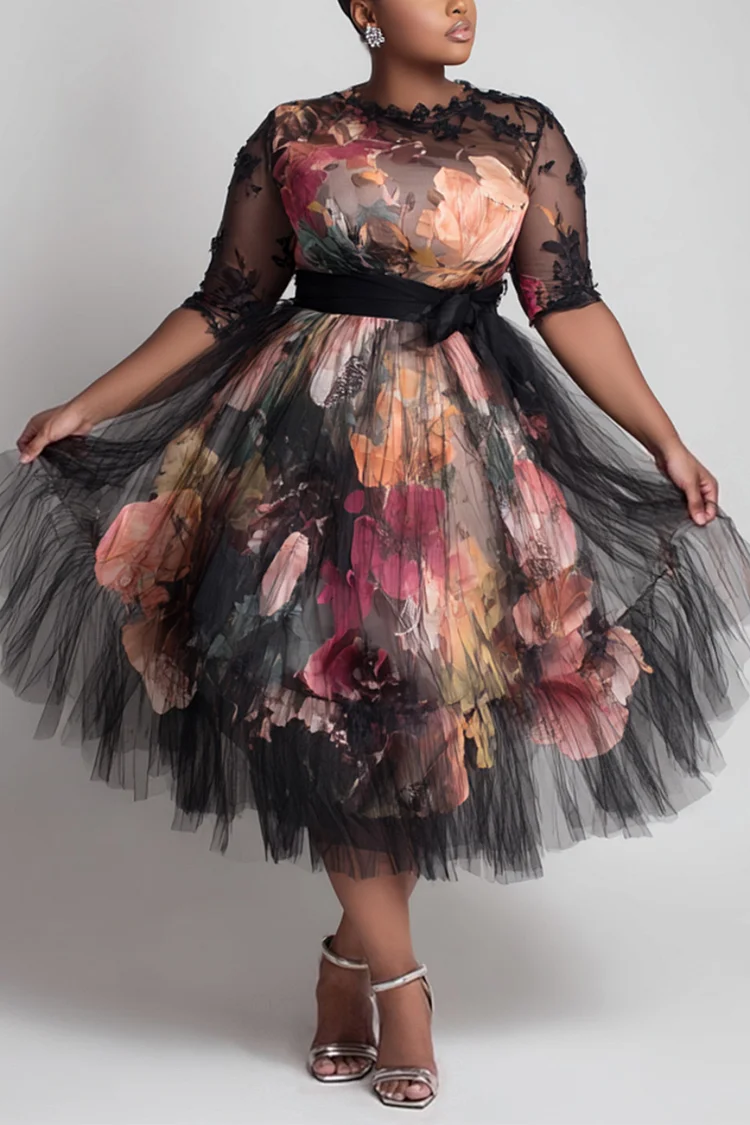 Xpluswear Design Plus Size Wedding Guest Satin Black All Over Print Round Neck Short Sleeve See Through Elegant Tulle Midi Dresses [Pre-Order]