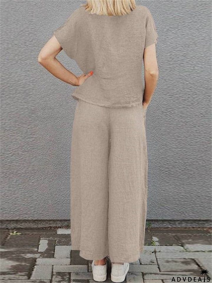 Women's Vintage Cotton Lapel Short Sleeve Shirt and Loose Pants