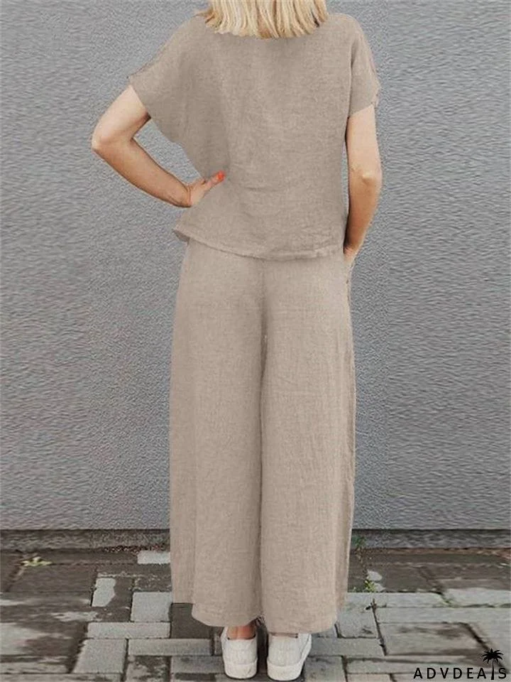 Women's Vintage Cotton Lapel Short Sleeve Shirt and Loose Pants