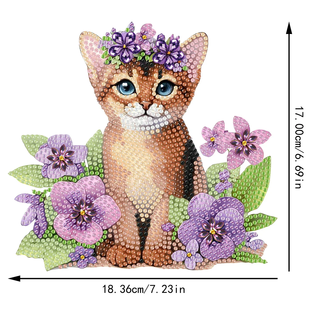 2D Flat Cat DIY Shaking Head Cat Purple Flower Diamond Painting Desktop Decor