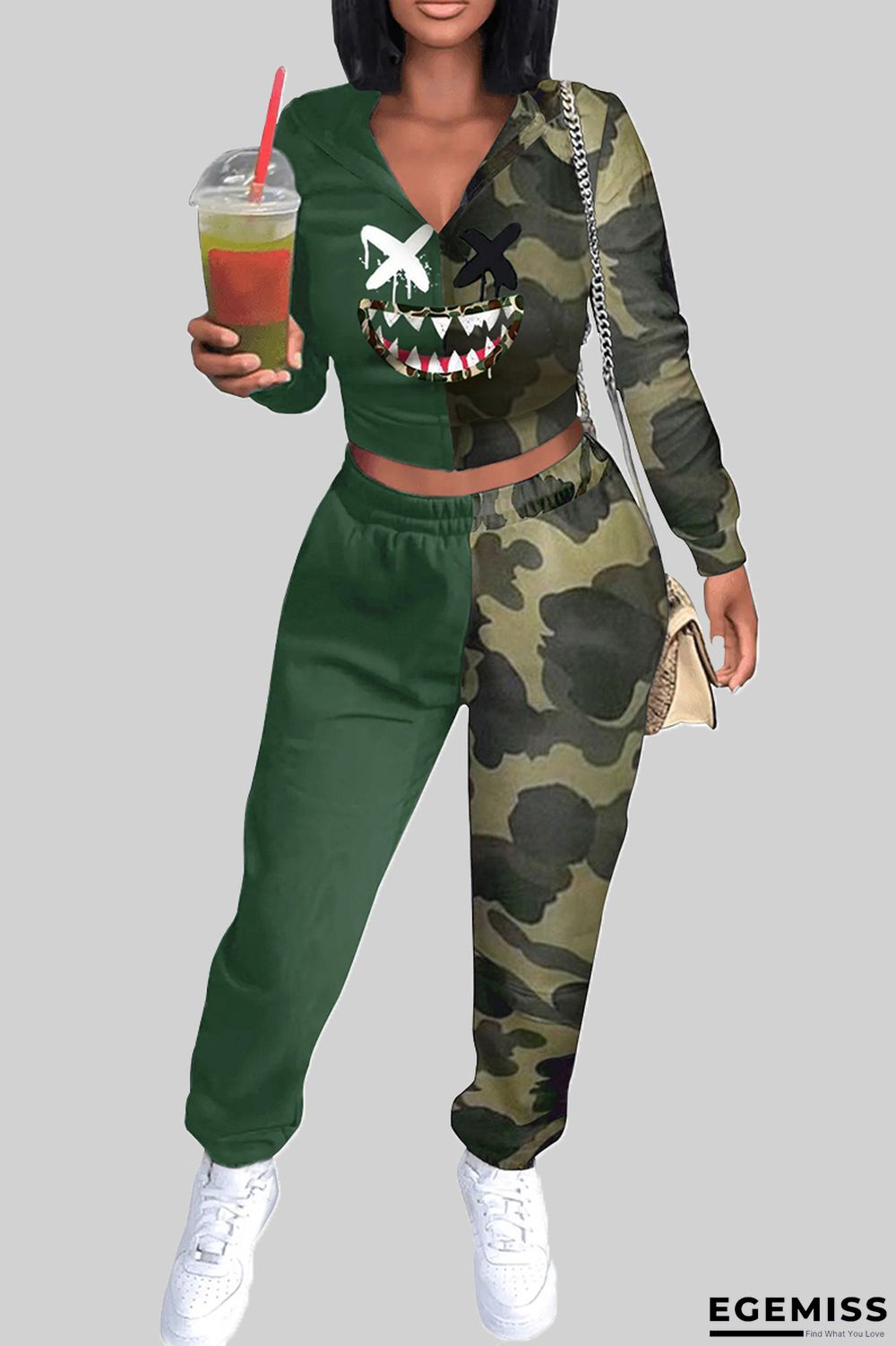 Camouflage Casual Camouflage Print Patchwork V Neck Long Sleeve Two Pieces | EGEMISS