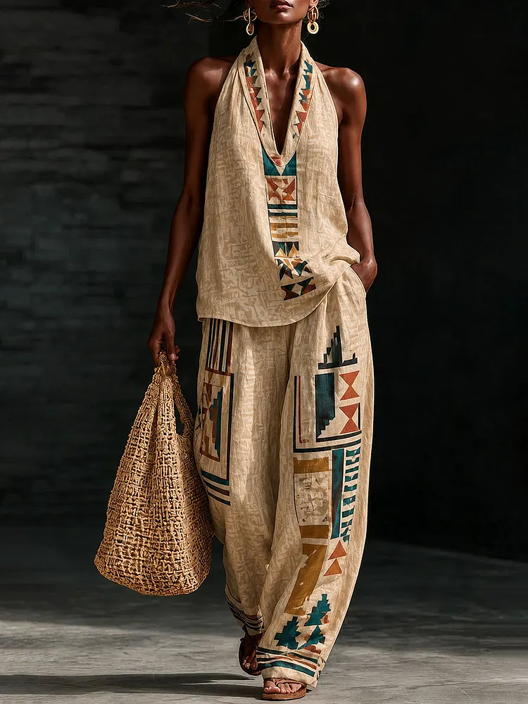 Women&rsquo;s African Ethnic Print Halter Top & Wide Leg Pants Set