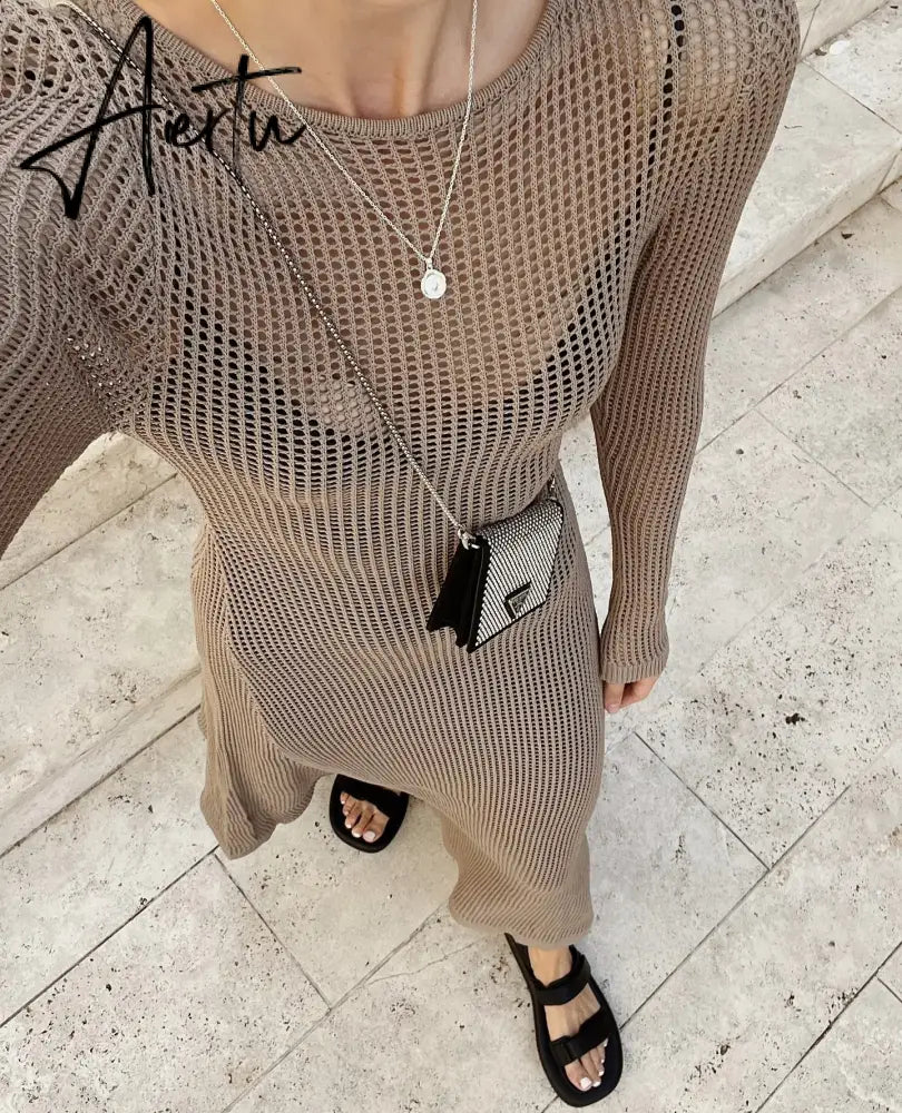 Elegant Hollow Out Knit Maxi Dress for Women Summer Beachwear Holiday Long Sleeve Cover-Ups Long Dresses Aiertu