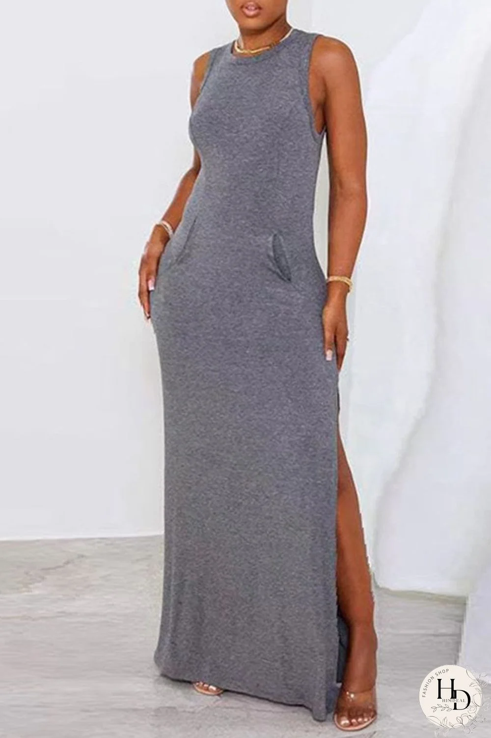 Yellow Casual Solid Patchwork Pocket Slit O Neck One Step Skirt Dresses