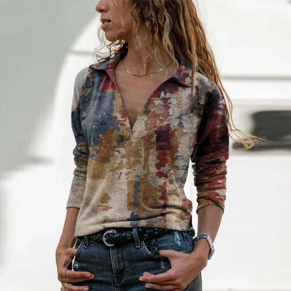 Retro Print Collared Long Sleeve Top