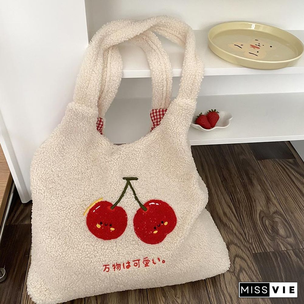 Sweet Cherry Embroidery Plush Tote Bag