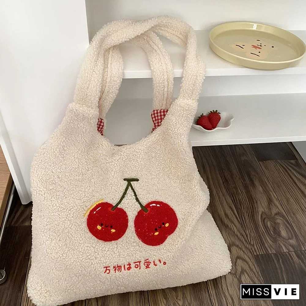 Sweet Cherry Embroidery Plush Tote Bag