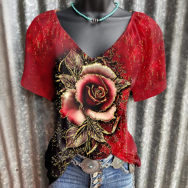 Fashion casual V-neck comfortable rose flower graphic tees