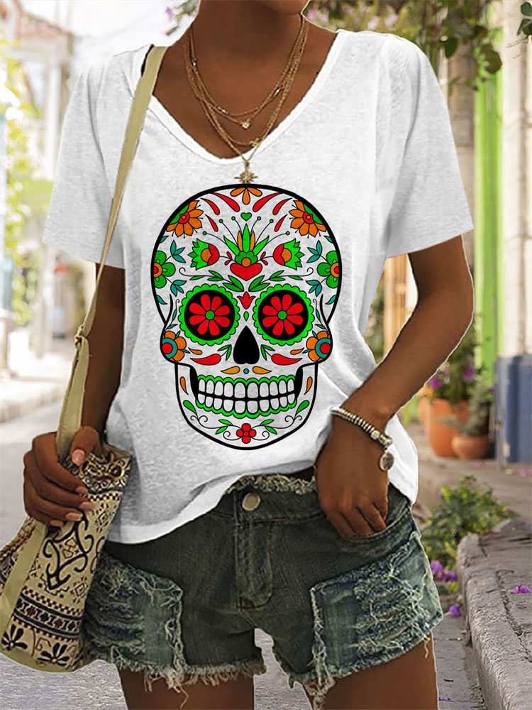 Colorful Sugar Skull Print V Neck T Shirt