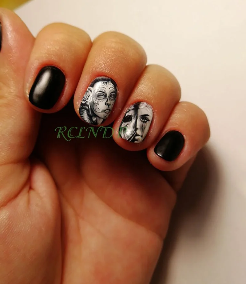 Water sticker for nail art decoration slider skull witch with rose flower watercolor ink design decal lacquer accessoires