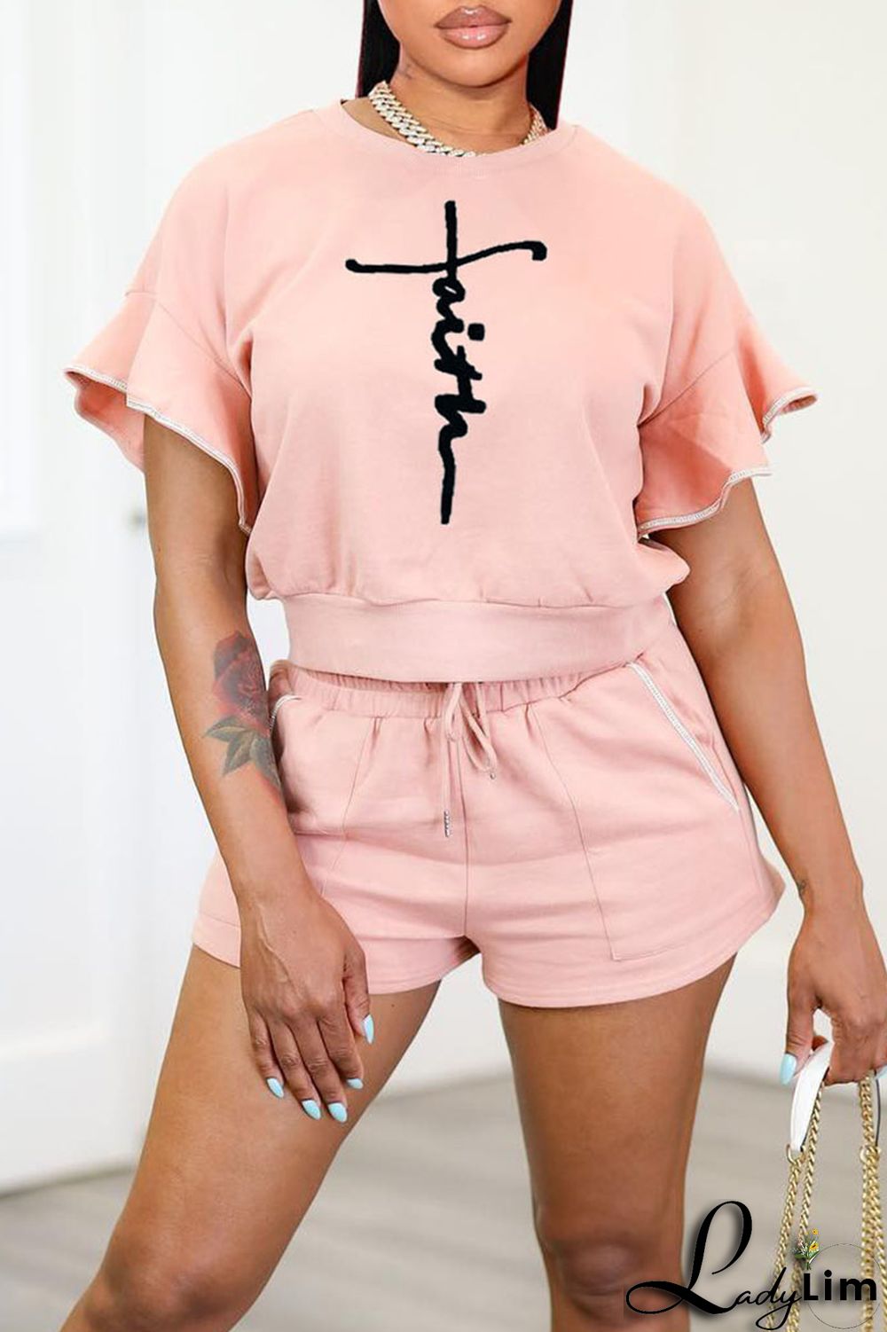 Blue Casual Print Split Joint O Neck Short Sleeve Two Pieces