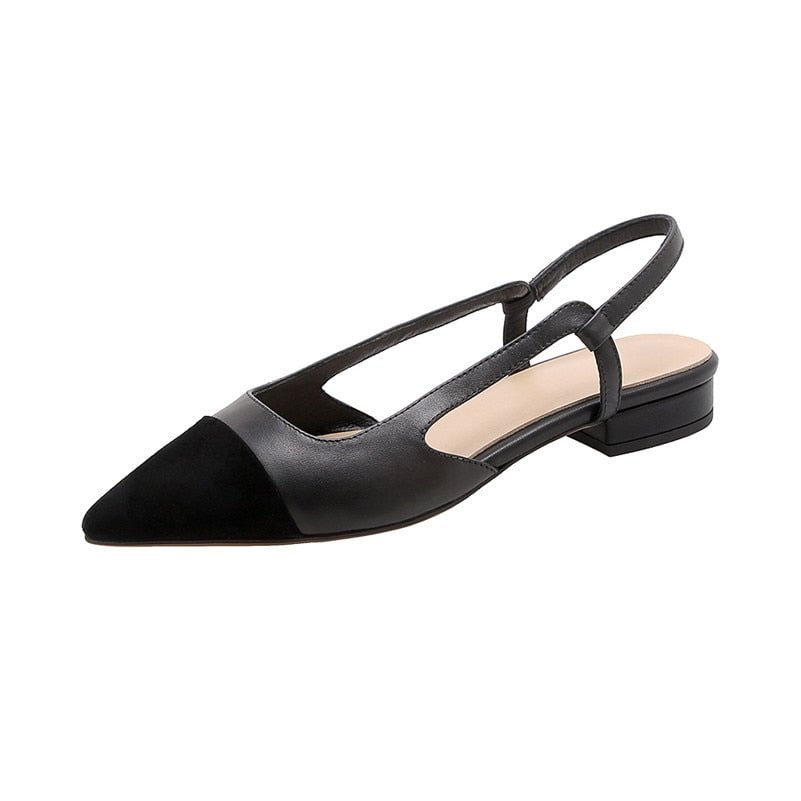 Meotina Genuine Leather Low Heel Slingbacks Shoes Women Shoes Pointed Toe Square Heels Shallow Ladies Footwear Summer Black 40