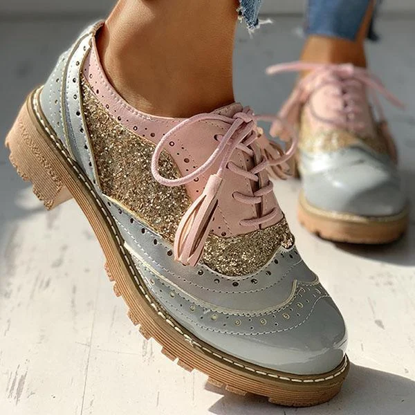HUXM Lace-Up Sequins Insert Chunky Heeled Boots