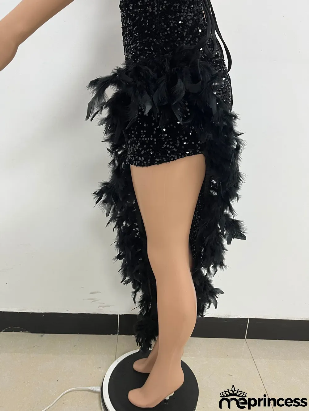 Women Sexy Off Shoulder Backless Sequin Feather Dress