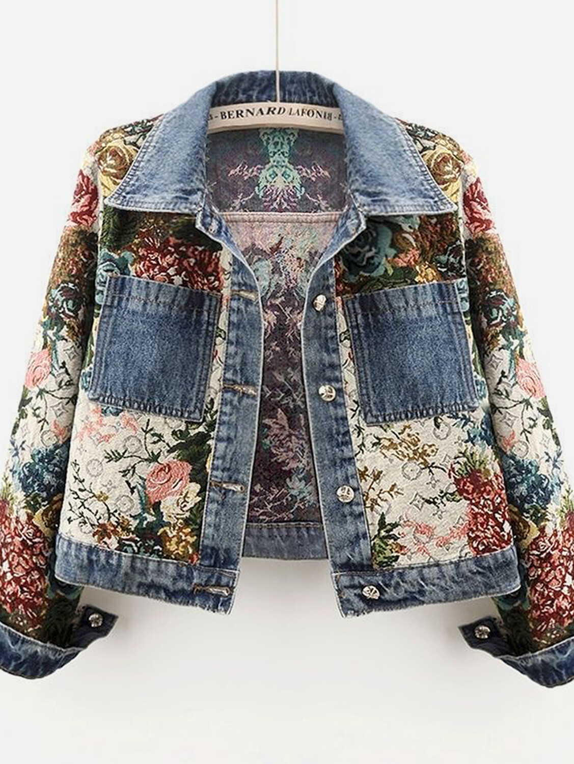 Patchwork Floral Pattern Turndown Collar Button Denim Jacket