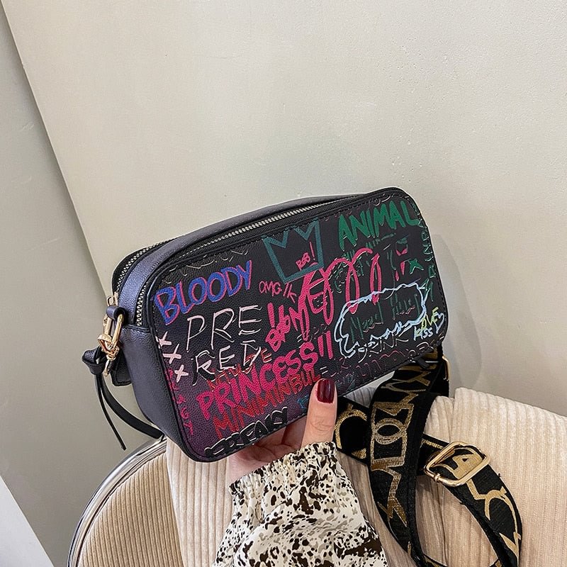 էѧӧܧ Graffiti Design Small PU Leather Crossbody Shoulder Bags for Women 2022 Lady Trendy Travel Branded Handbags Purses
