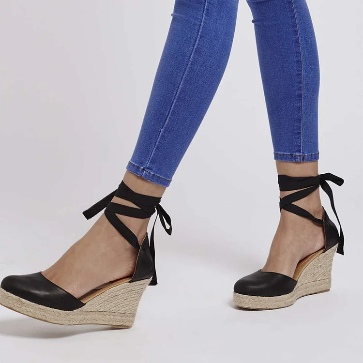 Black Platform Strappy Sandals Almond Toe Wedge Heel Sandals |FSJ Shoes