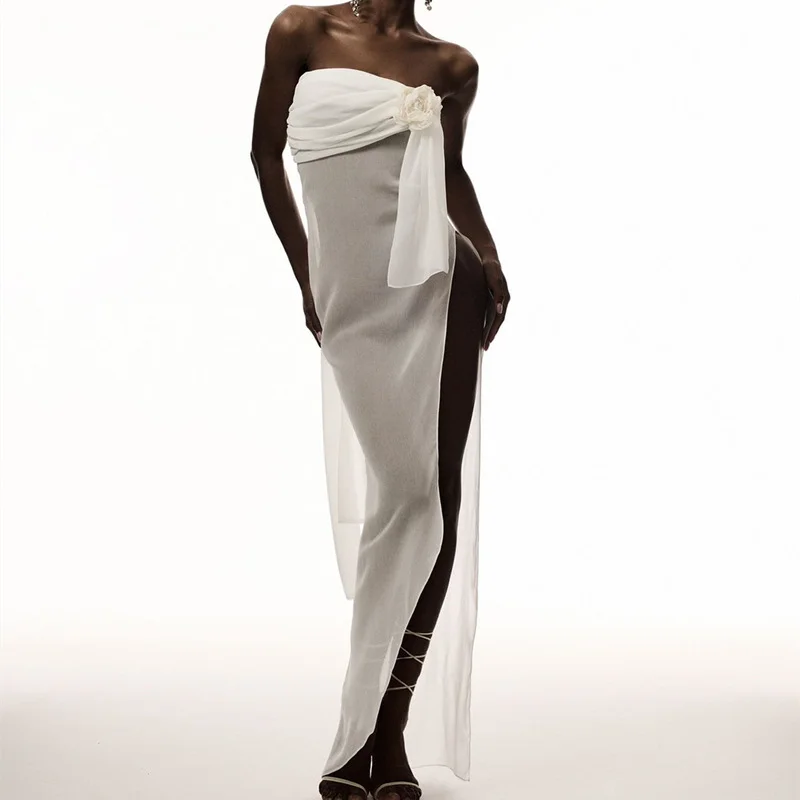 Uveng Uveng Summer New Sexy One-Word Shoulder Neck Bow Wipe Chest Perspective Irregular Dress