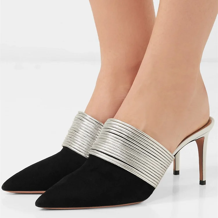 Black Vegan Suede Pointed Toe Stiletto Heels Mules Shoes |FSJ Shoes