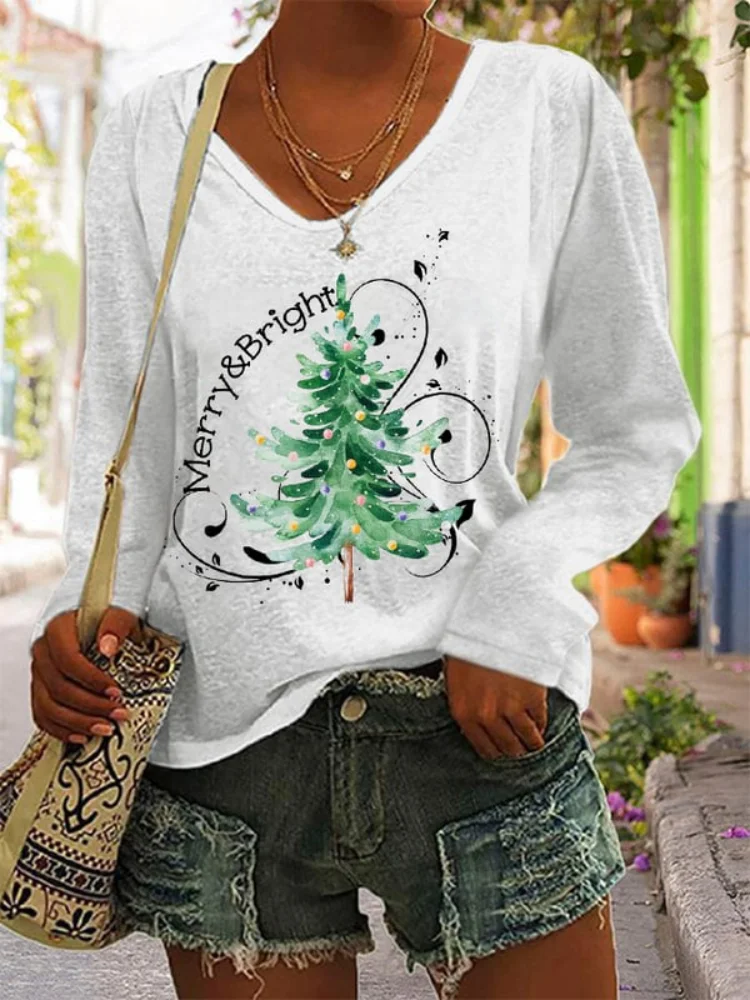 VChics Merry And Bright Christmas Tree Print T Shirt