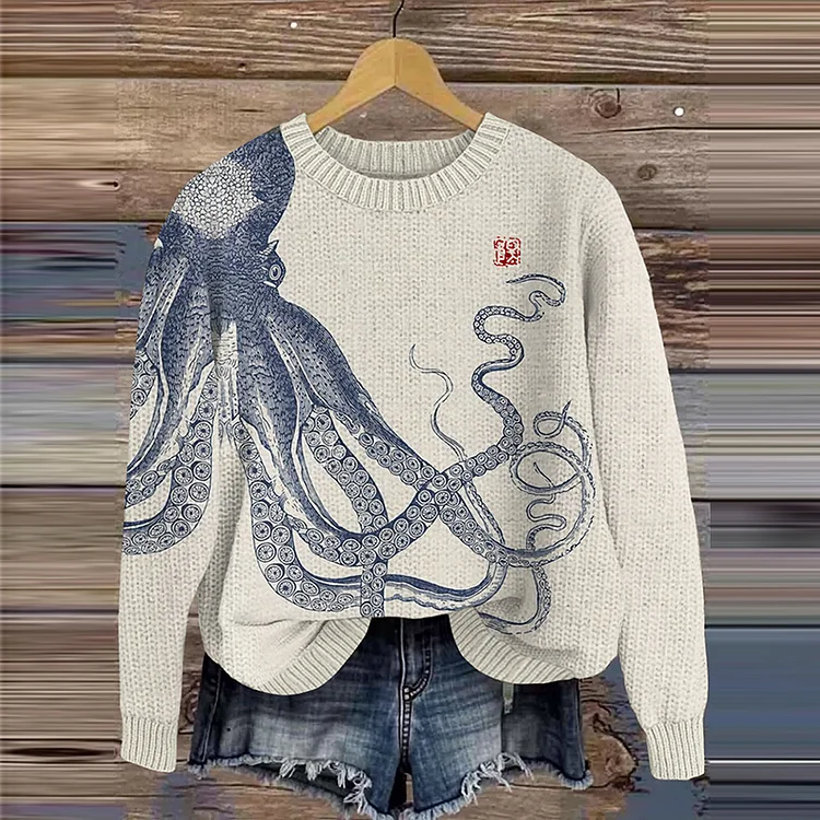 Women's Vintage Japanese Art Octopus Pattern Style Knitted Warm Sweater