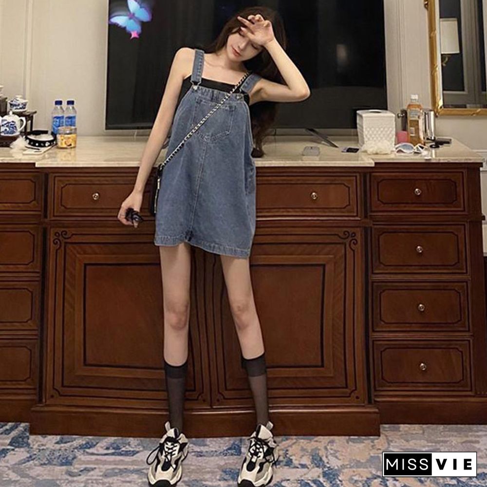 Pure Color A-line Denim Overalls Dress