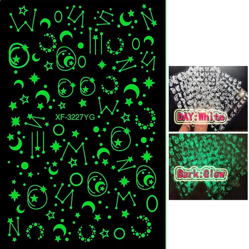 Luminous Fire Nail Art Stickers Glow In Dark Nail Decals Moon Butterfly Transfer Manicure Design Night Light Stickers-Nail Inspo