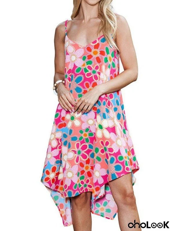 Women'S Pink Floral Print Irregular Suspender Dress