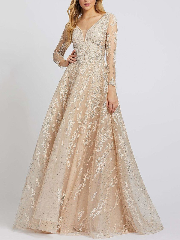 Beaded Embroidery Design Illusion Long Sleeve Women's Dress