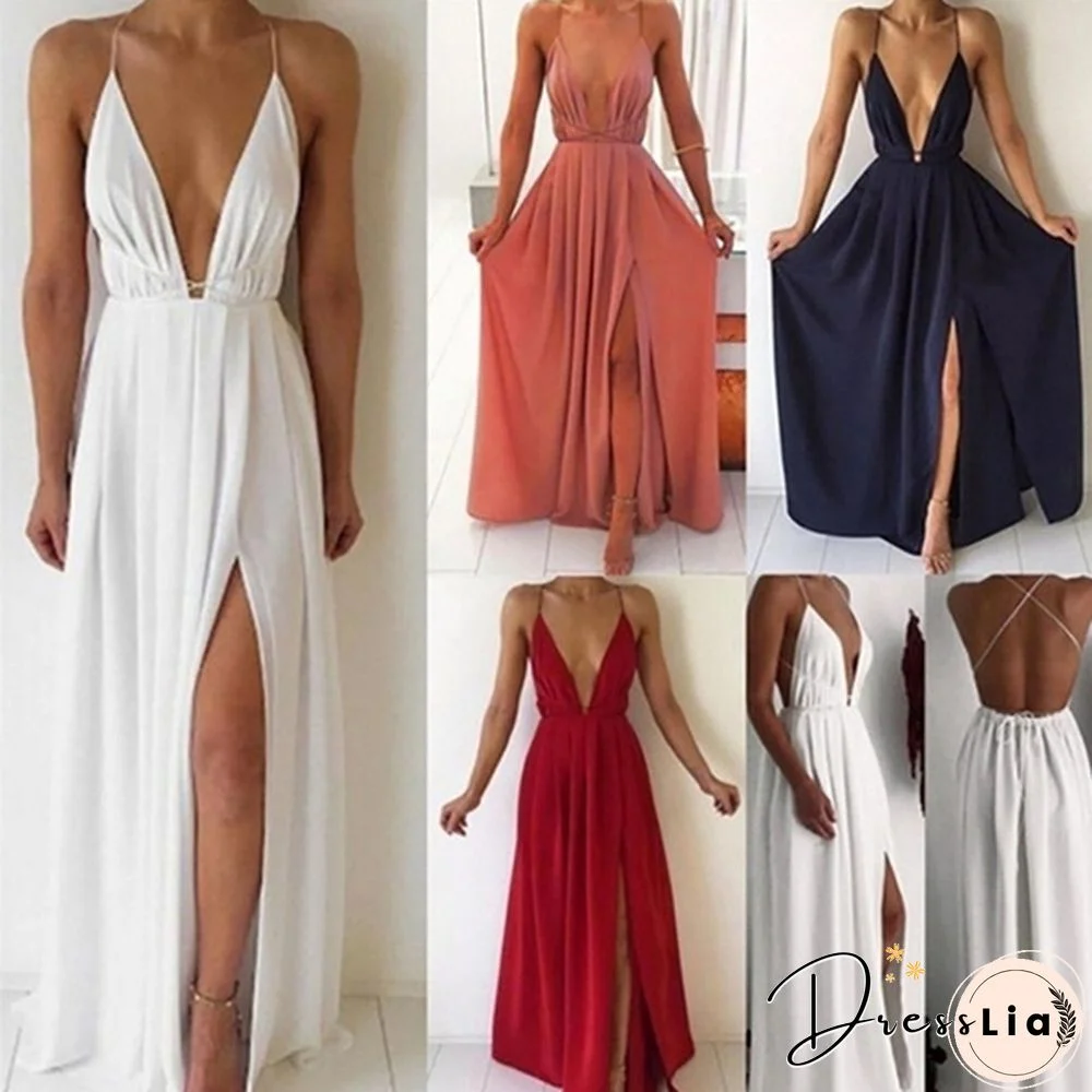 Women Fashion Sexy V-neck Sling Halter Chiffon Bohemian Split Sleeveless Solid Color Dress