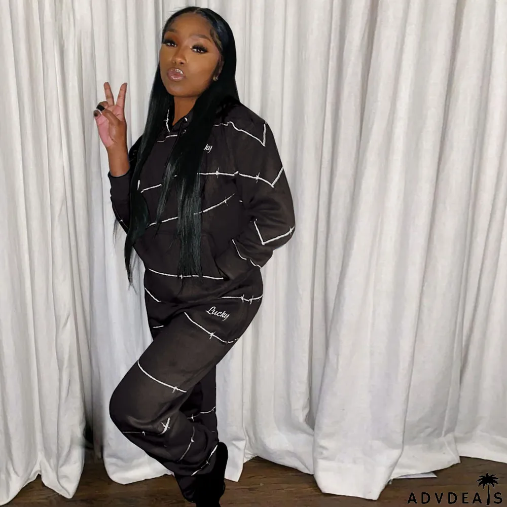 Fashion Casual Solid Color Line Sweatshirts And Pants Two Piece Set