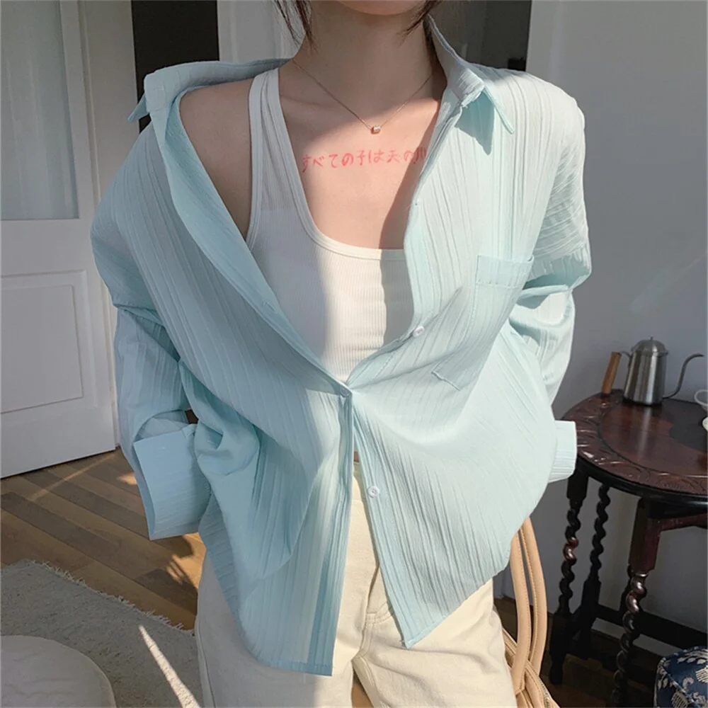 Jangj Alien Kitty Stripes Loose Women Shirts Lazy Style Spring Mid-Length All Match Streetwear New Femme Light Full Sleeves Mujer Tops