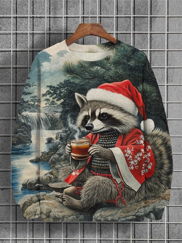 Men's Kimono Raccoon Drinks Tea Art Print Casual Sweatshirt