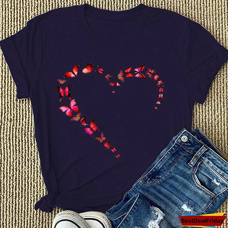 Women's Clothing Butterfly Heart Printed Casual O-neck T-shirt Elegant Short Sleeve Solid Color Tops Ladies Plus Size Blouse S-3XL