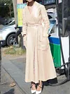 Urban Solid Color Belted Long Sleeves V-Neck Leather Coat