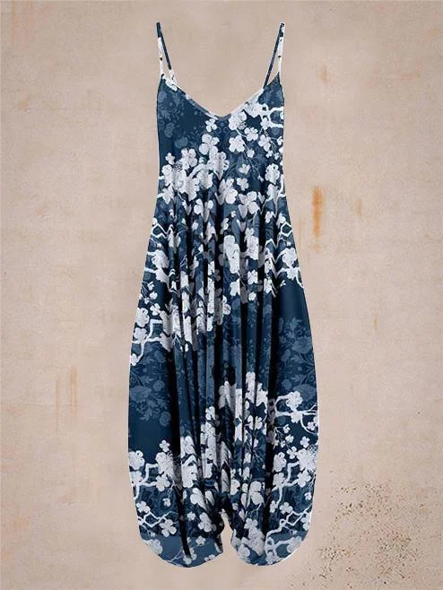 Ladies Summer Blue Flower Print Sleeveless Harem Jumpsuit